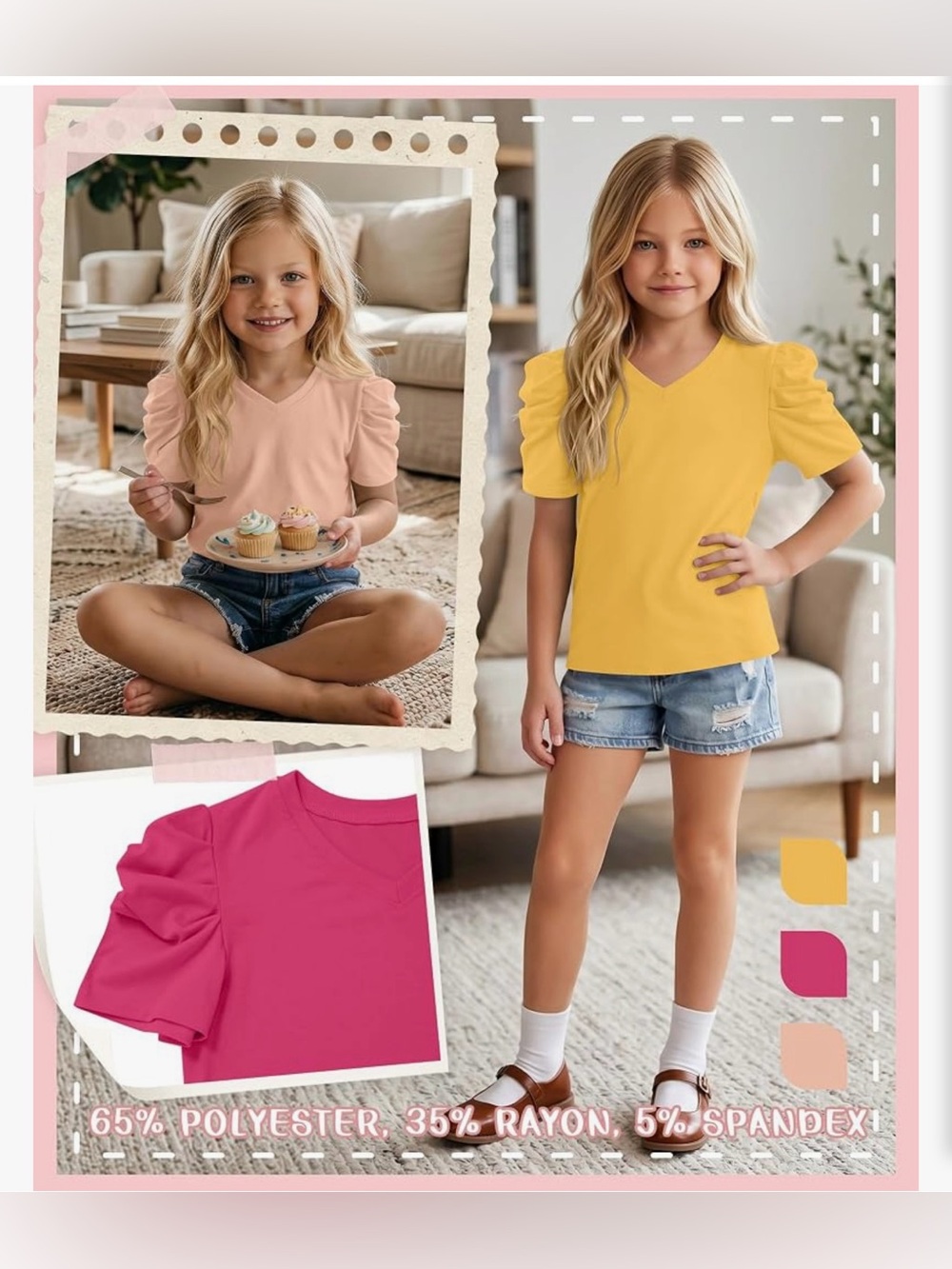 3 Pack Girls' Puff Sleeve T-Shirts - Picture 2 of 4